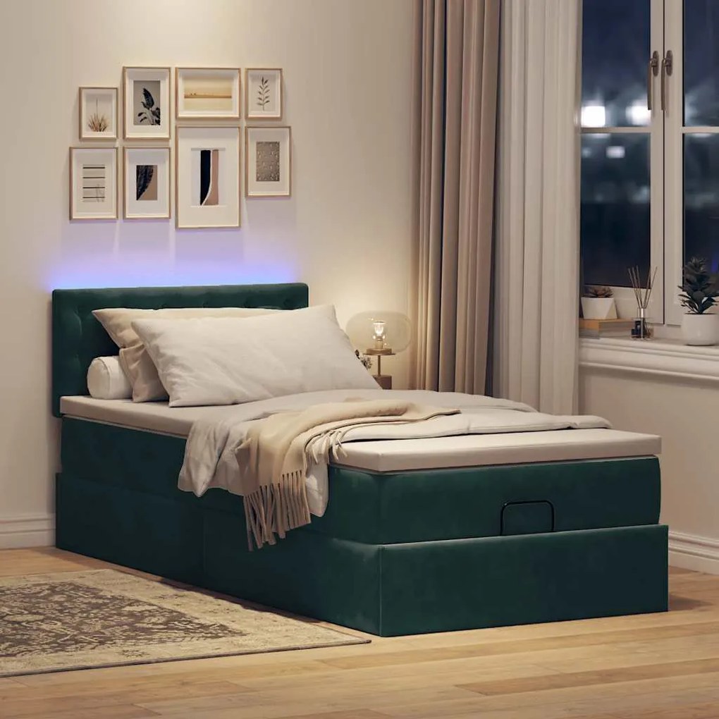 Cama otomana com colchão &amp; LEDs 90x200cm veludo verde-escuro