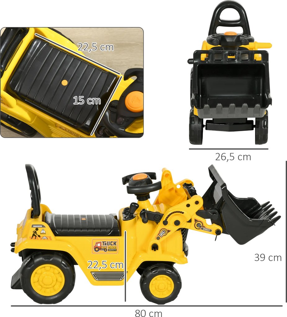 Carro Andador para Crianças Escavadora para Crianças com Pá Dianteira Buzina Volante e Compartimento Oculto 80x26,5x39 cm Amarelo