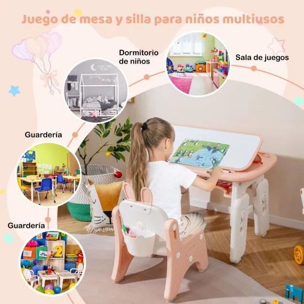 Conjunto de mesa e cadeira para crianças pequenas com estante, tampa rebatível, quadro magnético apagável e 3 alturas ajustáveis para desenhar, cor ro