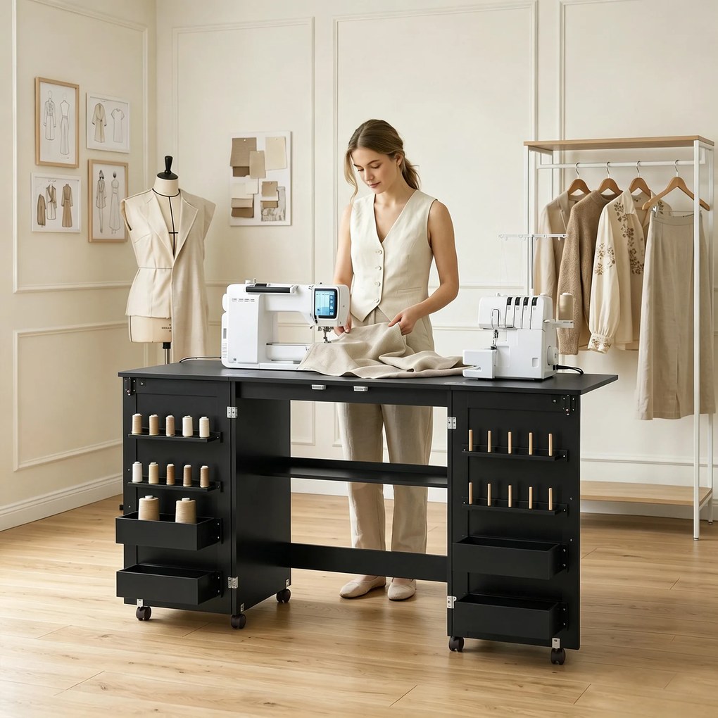 Mesa de Costura Dobrável, 80 x 40 x 83 cm, 6 Rodas Giratórias, Preto