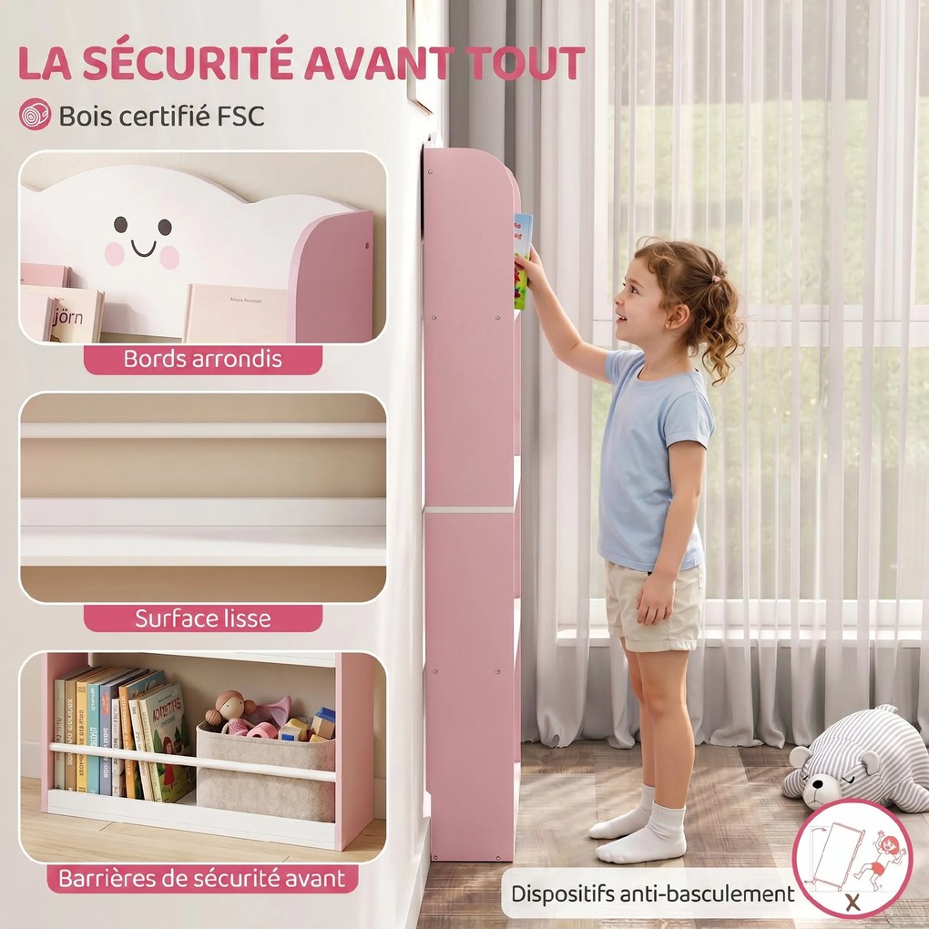 Estante de parede para crianças 60 x 12 x 108 cm, organizador de livros infantil de 4 níveis com tema de algodão doce, rosa