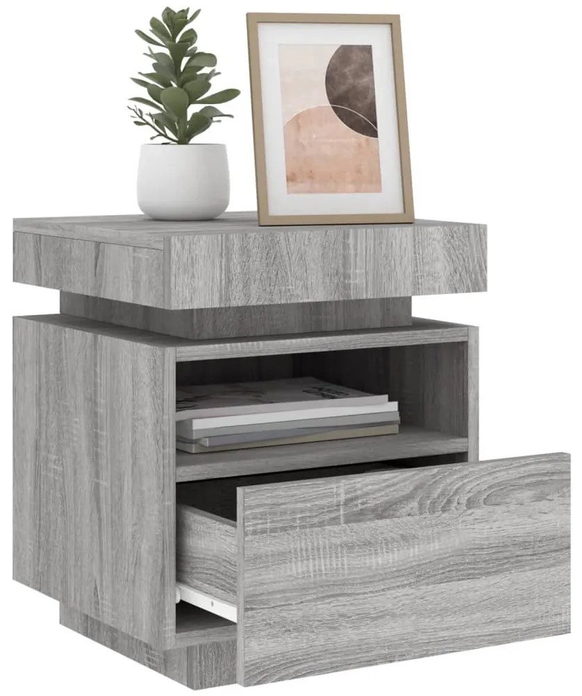 Mesa de cabeceira com luzes LED 40x39x48,5 cm cinzento-sonoma