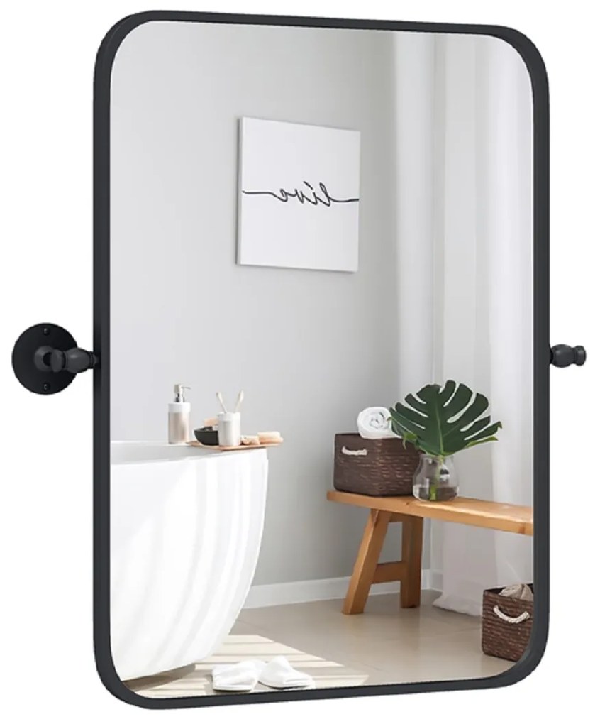 Espelho de parede retangular horizontal/vertical com moldura metálica basculante e suportes de parede modernos e minimalistas 76,5 x 56 cm Preto