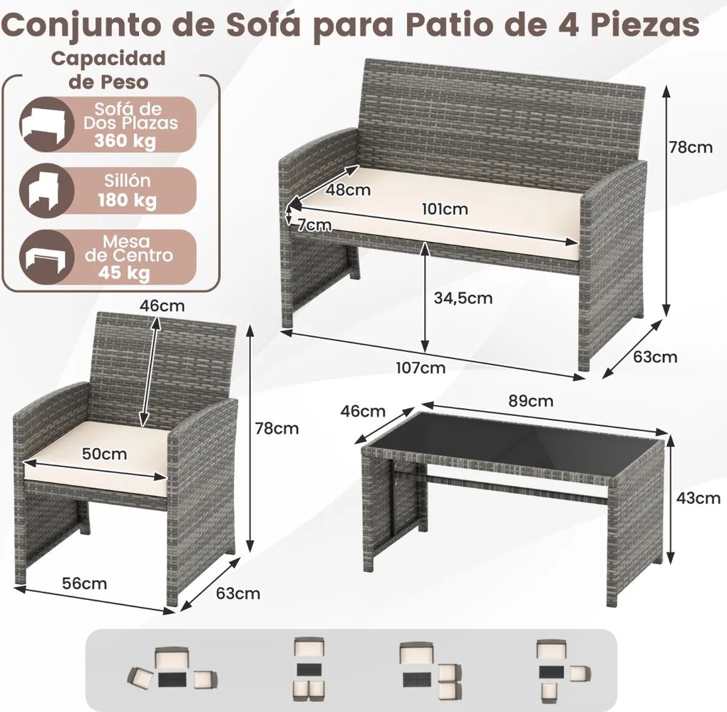 Conjunto de Jardim, 4 peças em rattan com almofadas e tampo em vidro temperado, para jardim, alpendre ou varanda, cinzento e Creme