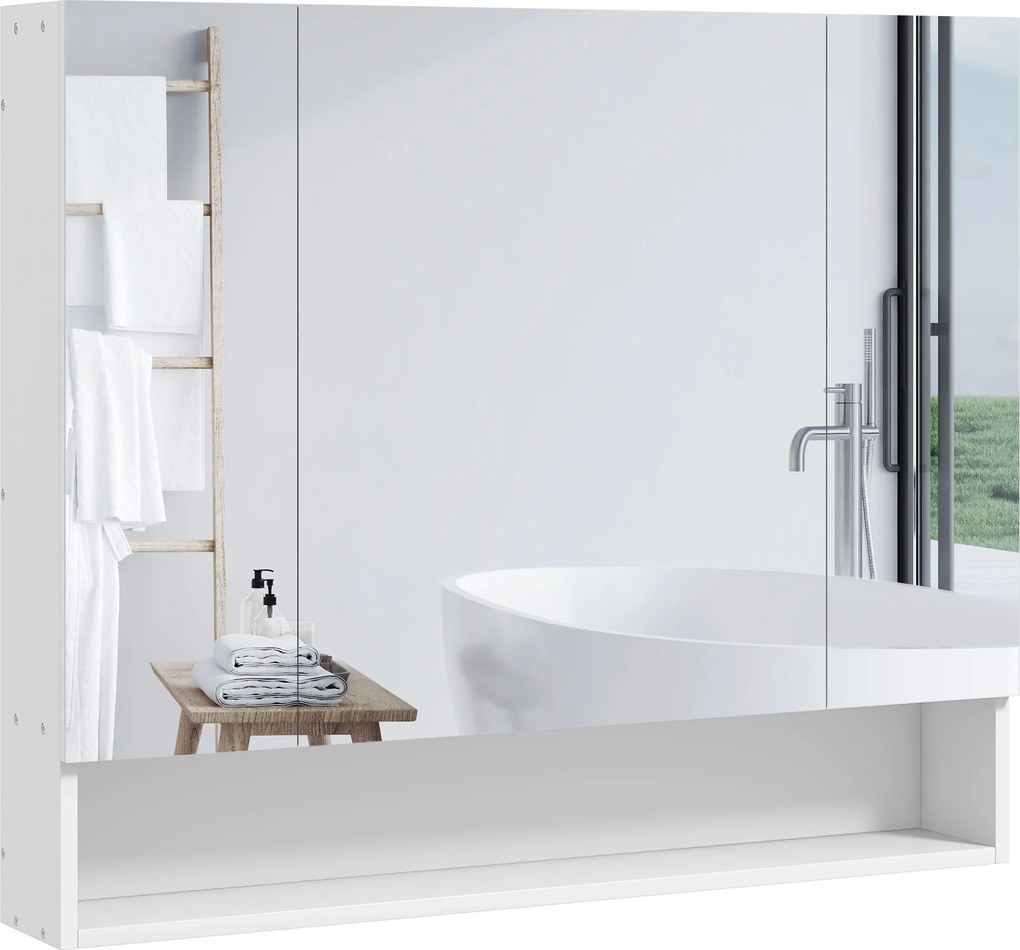 Armário de parede para casa de banho com espelho, com 3 portas espelhadas, prateleiras ajustáveis, 90 x 15 x 75 cm, branco