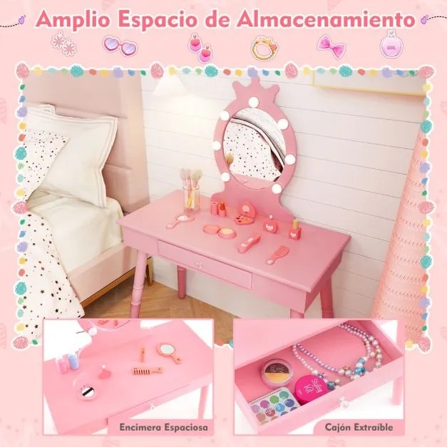 Conjunto de Toucador para Crianças com Espelho Iluminado de Princesa com Gaveta Ajustável com Brilho e Banco Almofadado Rosa