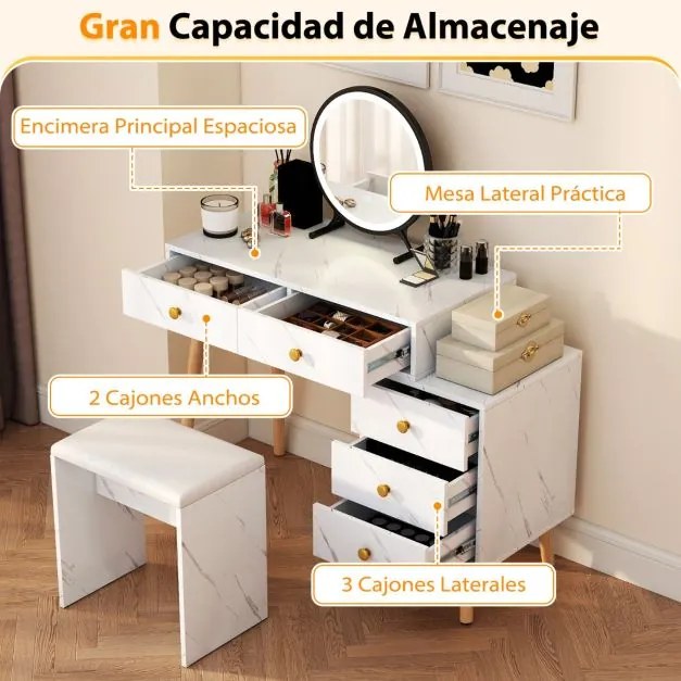 Conjunto de Toucador para maquilhagem com espelho removível, 3 luzes, 5 gavetas e banquinho acolchoado branco