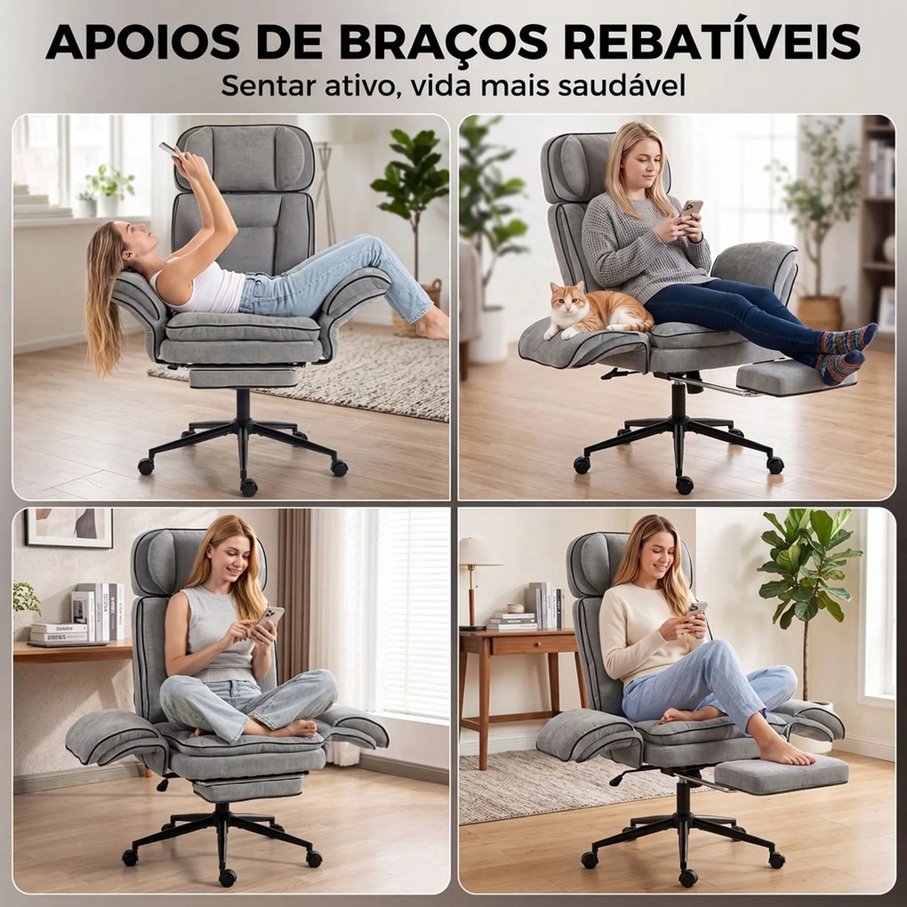 Cadeira de Escritório com Apoio para os Pés, Apoios de Braços Rebatíveis, Encosto Alto Reclinável 145° e Apoio de Cabeça Ajustável, Cinzento