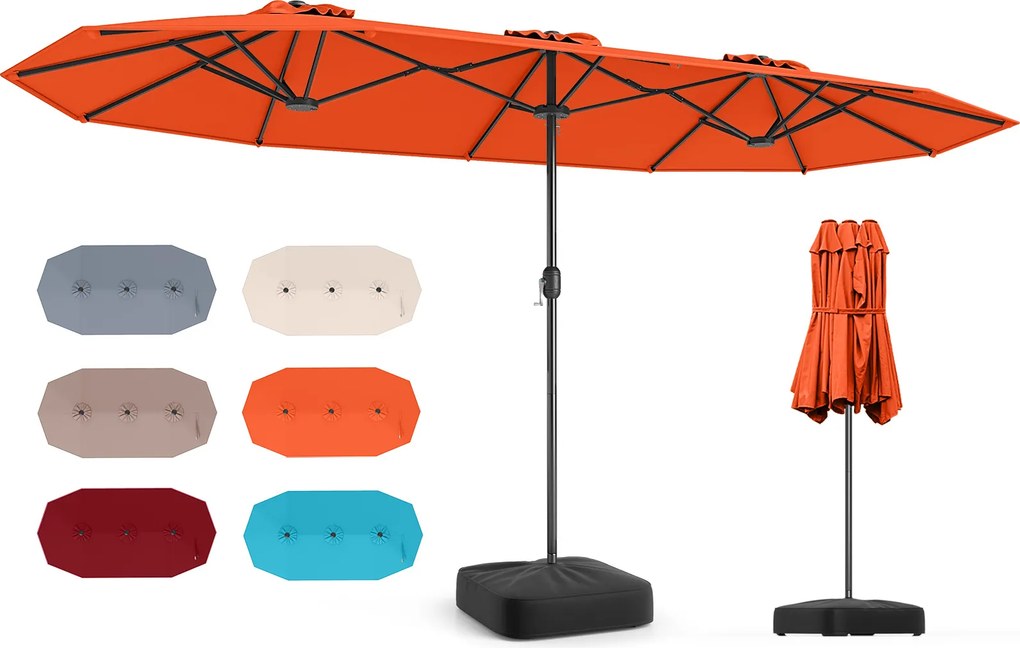 Guarda-sol duplo retangular 400 x 212 x 243 cm com base e dois sacos de areia e de manivela, 12 varas resistentes, tecido impermeável e aberturas de v