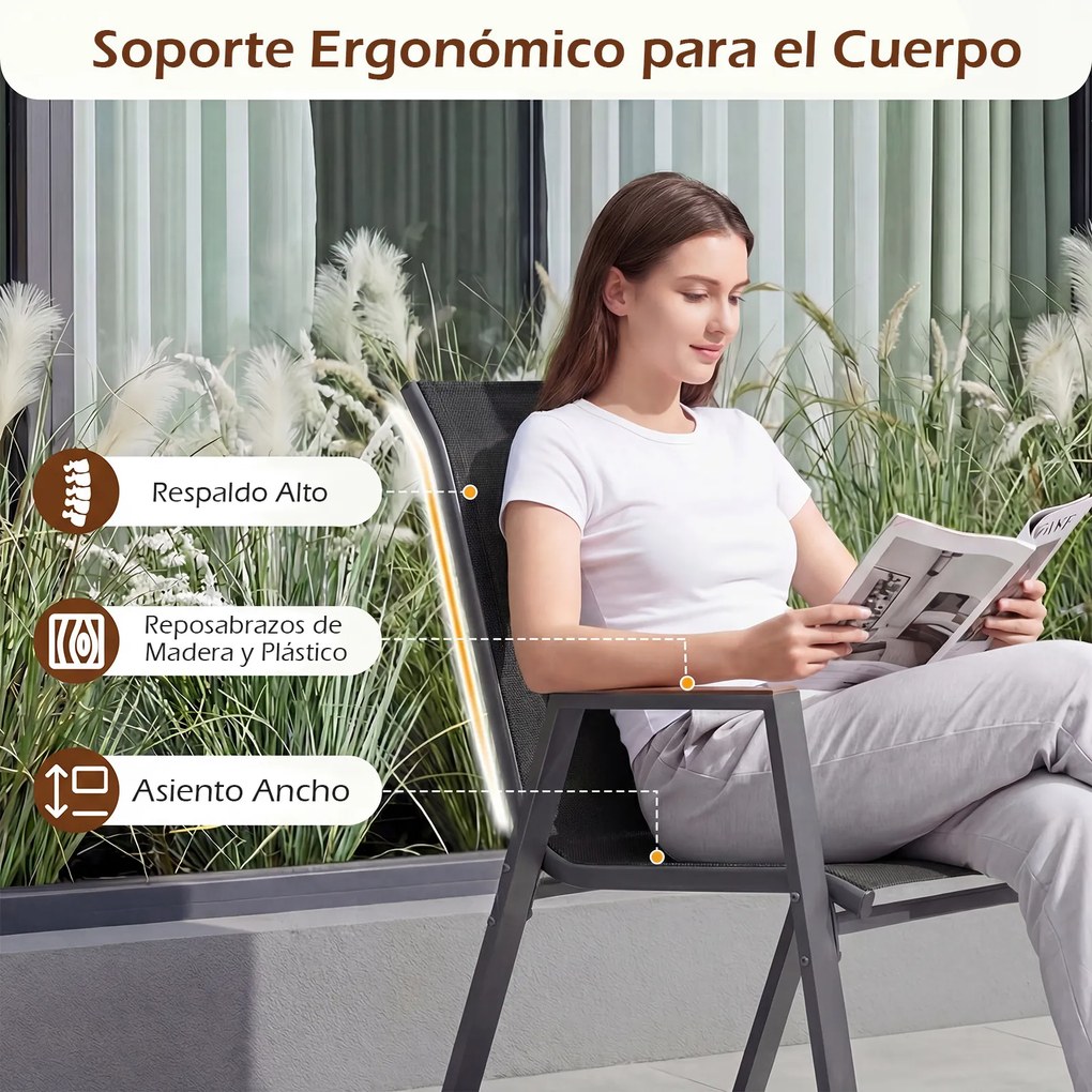 Conjunto de 6 Cadeiras de Jardim Empilháveis (PACOTE SÓ INCLUI 6 CADEIRAS, MESA NÃO INCLUIDA), 56 x 66 x 88 cm, Encosto Alto Ergonómico, Preto