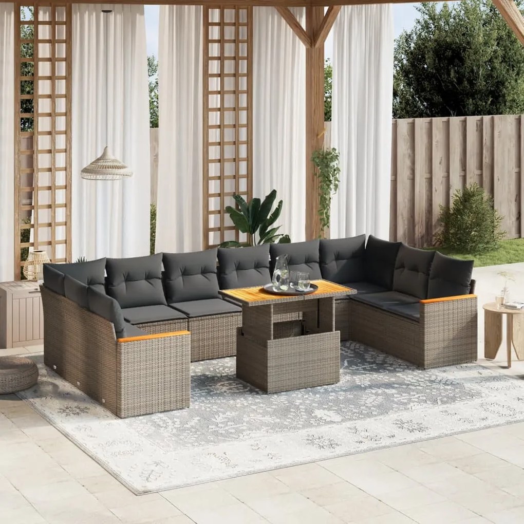 11 pcs conjunto sofás de jardim c/ almofadões vime PE cinzento