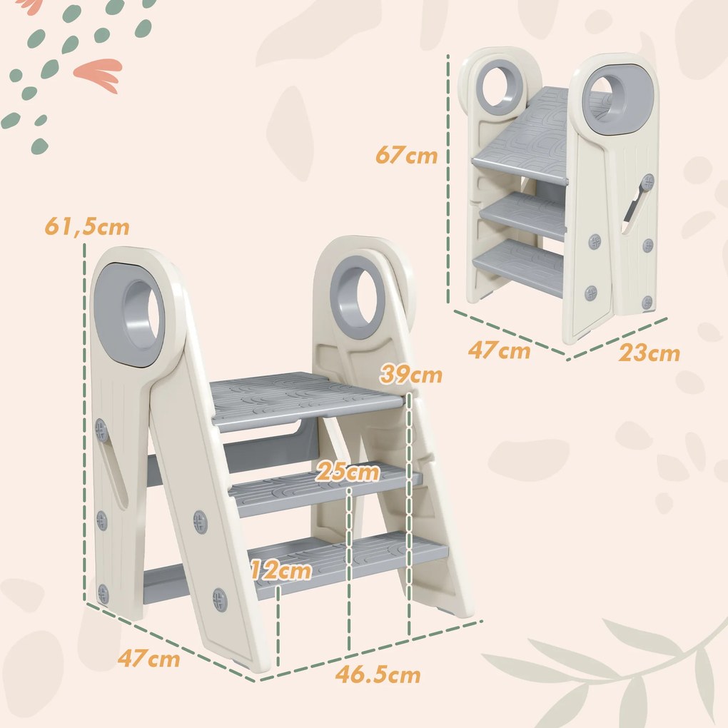 Escadote infantil de 3 degraus, escadote de cozinha para crianças, dobrável, altura ajustável de 2 a 3 degraus, cinzento