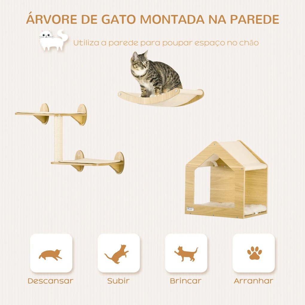 Prateleiras de Parede para Gatos 3 Peças Conjunto de Prateleiras de Escalada para Gatos com Caverna Rede Plataforma e Poste de Sisal Carvalho