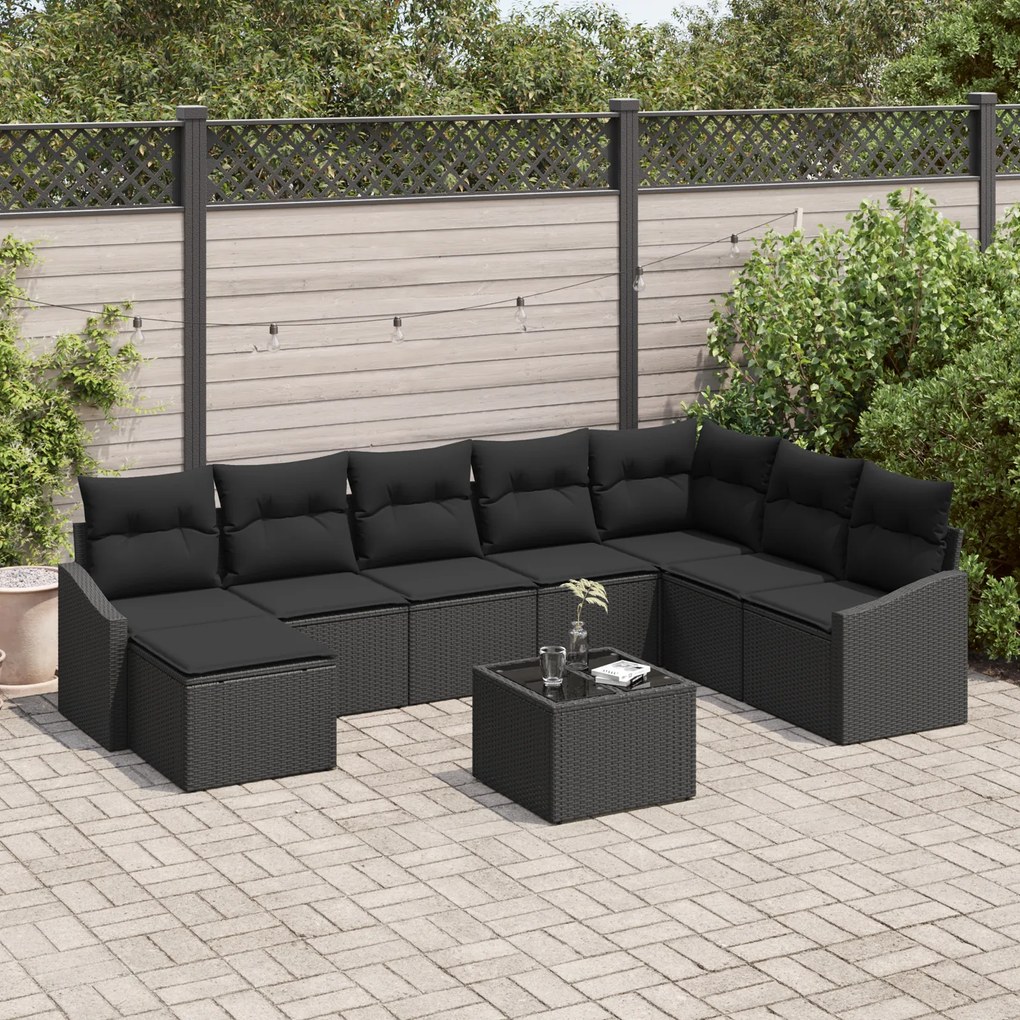 Conjunto de Jantar de Jardim de 9 Peças com Almofadas Bege Rattan Poli