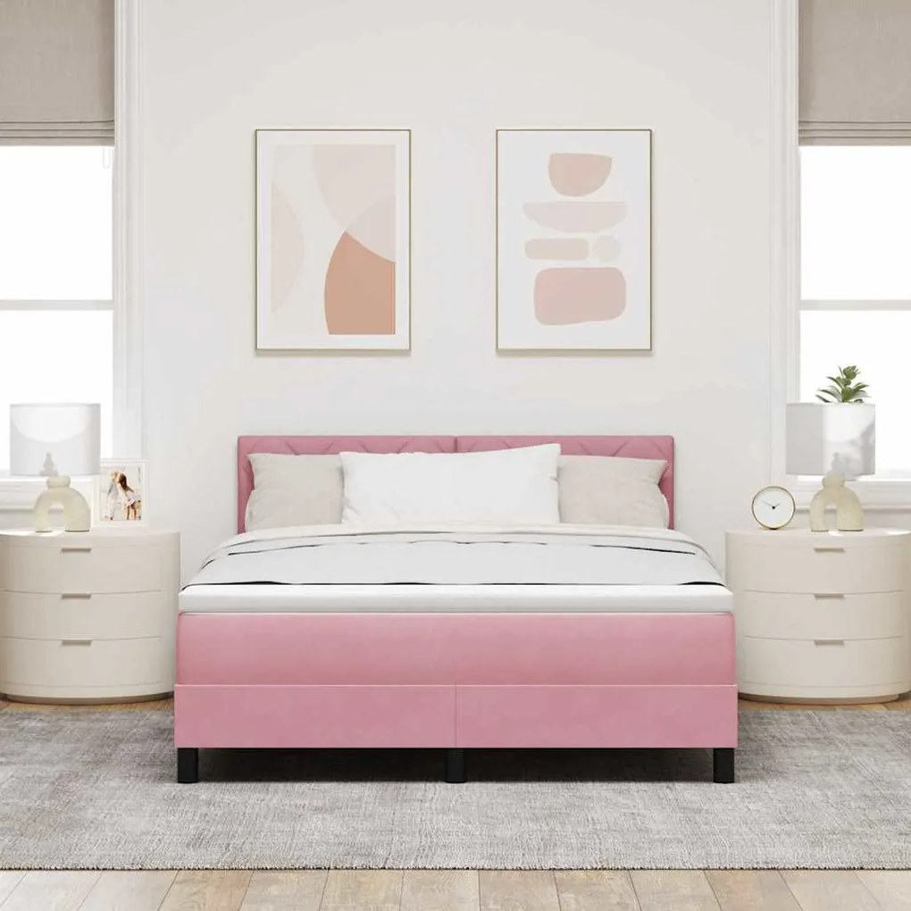 Cama Box com Colchão e LED Rosa 140x190 cm Veludo
