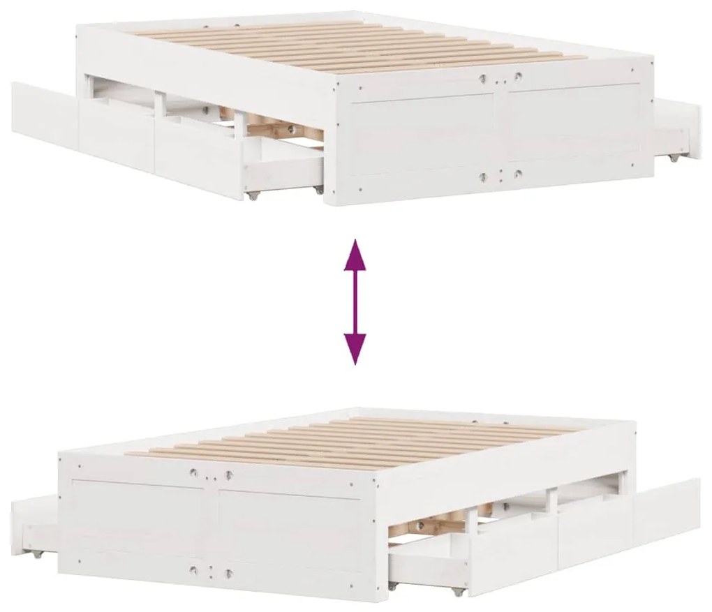 Cama sem colchão com gavetas 120x190 cm pinho maciço branco