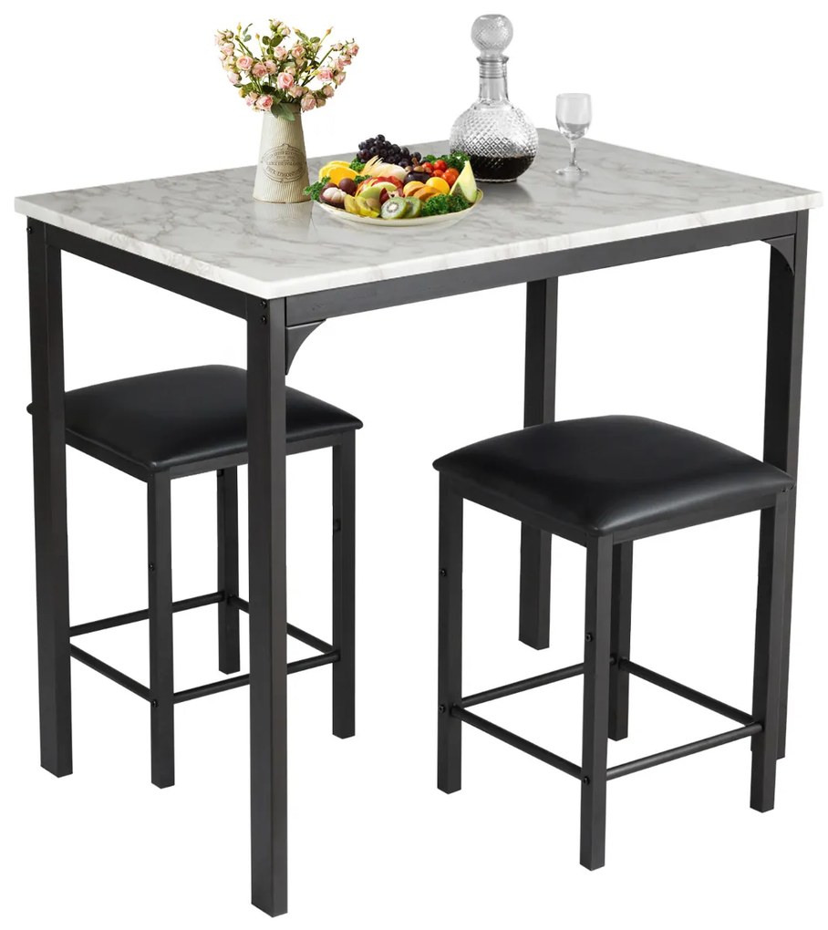 Conjunto de mesa cozinhas e bancos de jantar de 3 peças de bar compactos em couro sintético Branco e Preto
