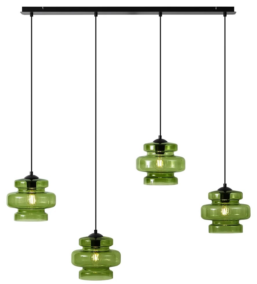Candeeiro suspenso retro preto com vidro verde 4-luzes - Denise Retro