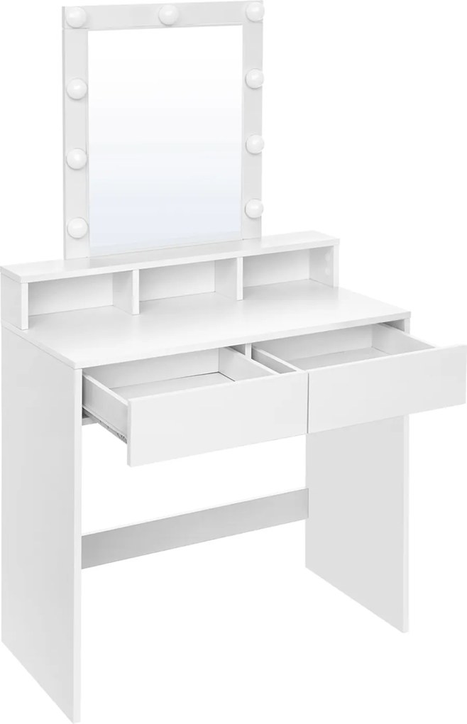 Toucador com iluminação LED 40 x 80 x 145 cm com espelho, 2 gavetas e 3 compartimentos abertos branco