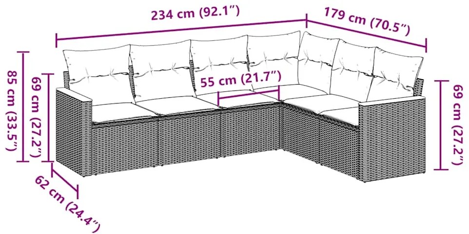 6 pcs conjunto sofás de jardim c/ almofadões vime PE preto