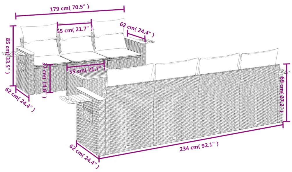 8 pcs conjunto de sofás p/ jardim com almofadões vime PE bege