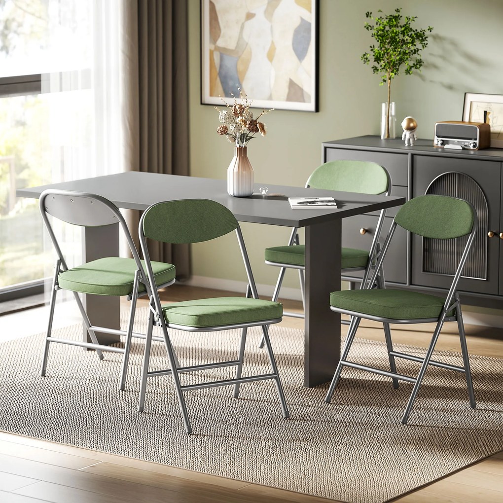 Conjunto de 4 cadeiras dobráveis (MESA NÃO INCLUIDA), cadeiras de jantar portáteis com assentos e encostos estofados em veludo canelado verde