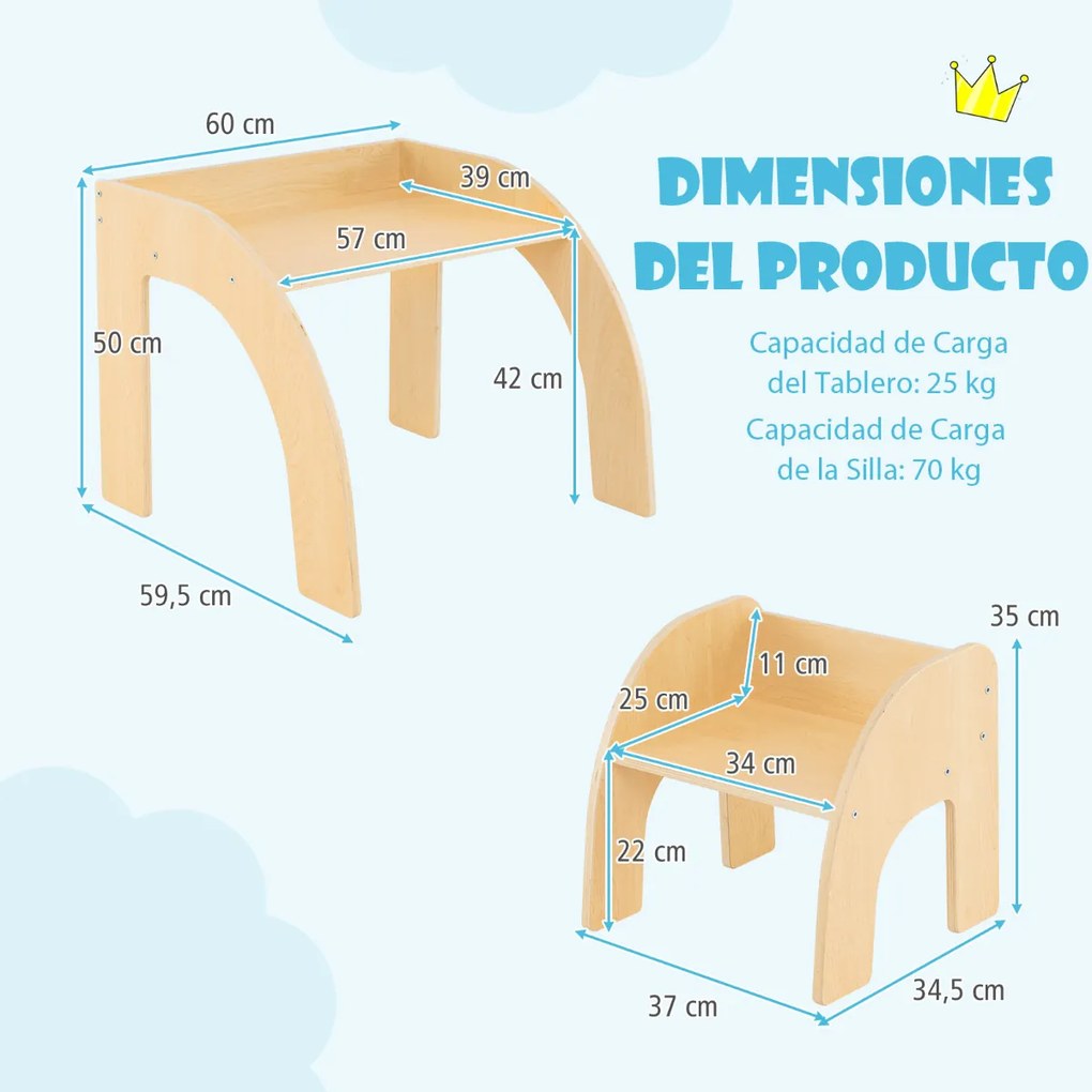 Conjunto de mesa e cadeira para crianças Mesa de actividades para crianças com tampo de trabalho grande Natural