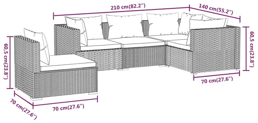 5 pcs conjunto lounge de jardim c/ almofadões vime PE cinzento