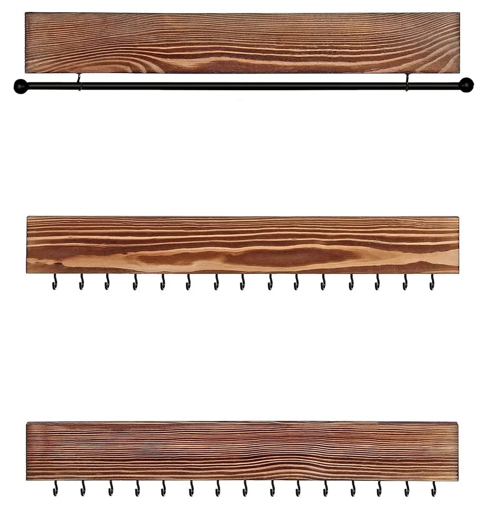 Conjunto de 3 suportes de parede para joias com barra | SONGMICS | 40 x 1,2 x 7,5 cm | marrom|preto | JJS11CB.