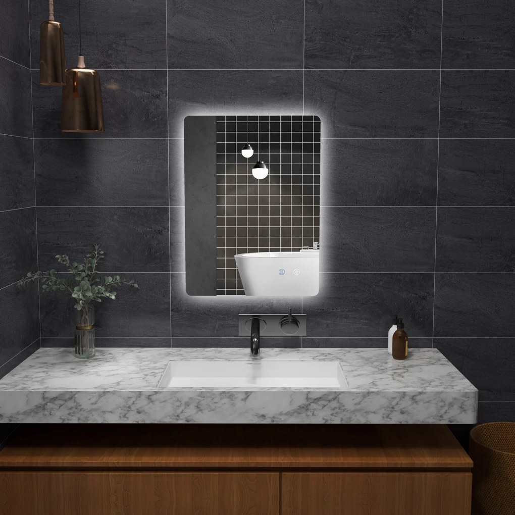 Espelho retangular de parede com iluminação LED para casa de banho, 80 x 60 cm, luminosidade regulável, branco transparente