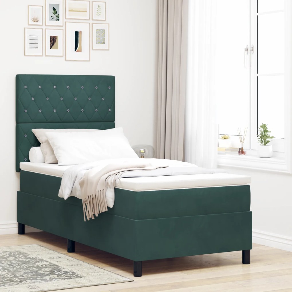 Cama Box com Colchão vidaXL Verde Escuro Solteiro Veludo