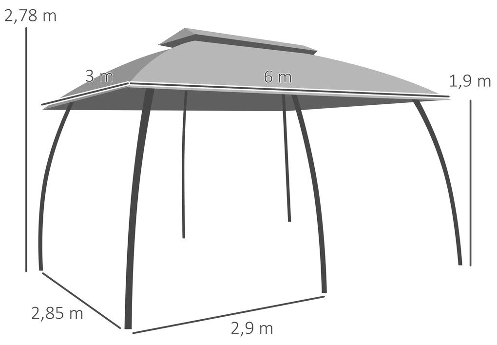 Outsunny Pérgola de Jardim 3x6m Pérgola de Exterior com Teto Duplo 6 T