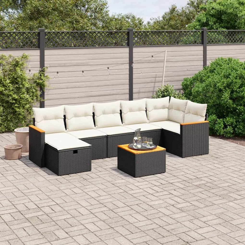 8 pcs conjunto sofás de jardim com almofadões vime PE preto