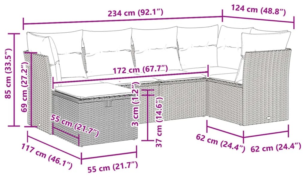 6 pcs conjunto de sofás jardim c/ almofadões vime PE castanho