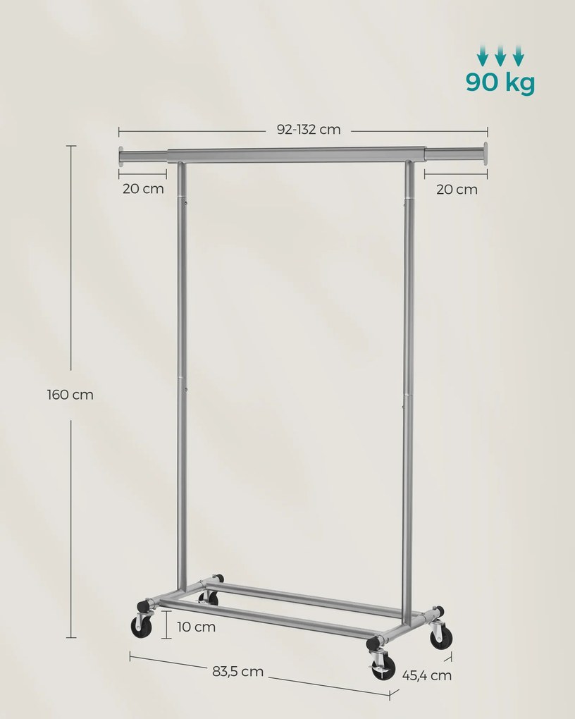 Guarda roupa com Rodas, carga até 90 kg 45,4 x (92-132) x 160 cm Cinzento