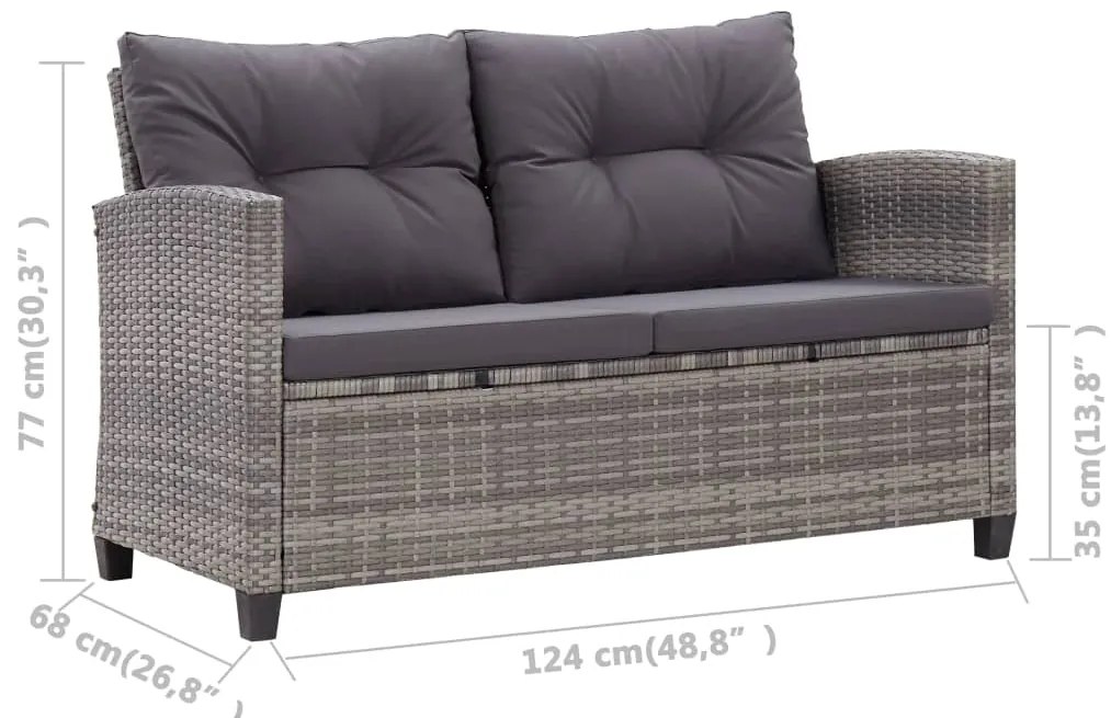 Sofá de jardim 2 lugares com almofadões 124 cm vime PE cinzento