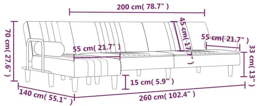 Sofá-cama em forma de L 260x140x70 cm veludo preto