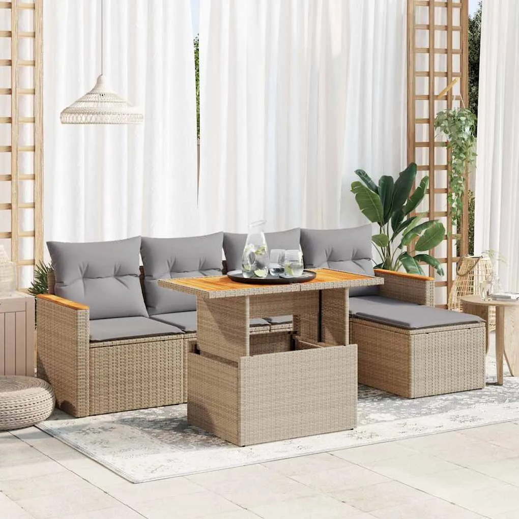 6 pcs conjunto sofás jardim com almofadões vime PE/acácia bege