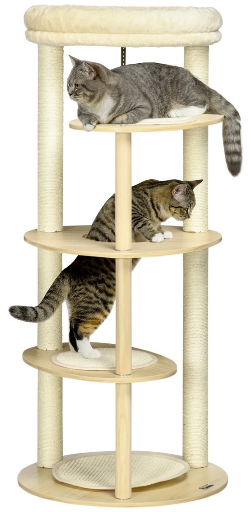 PawHut Árvore Arranhador para Gatos de Madeira com Múltiplas Plataformas Cama e Almofada Ø54x123,5 cm Carvalho | Aosom Portugal