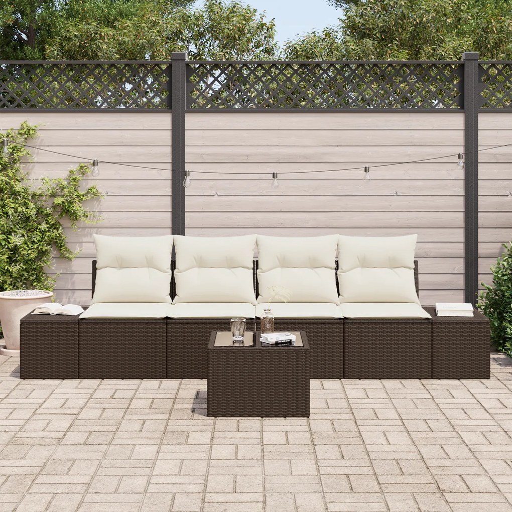 Conjunto de Sofá de Jardim com Almofadas Marrom Polirattan