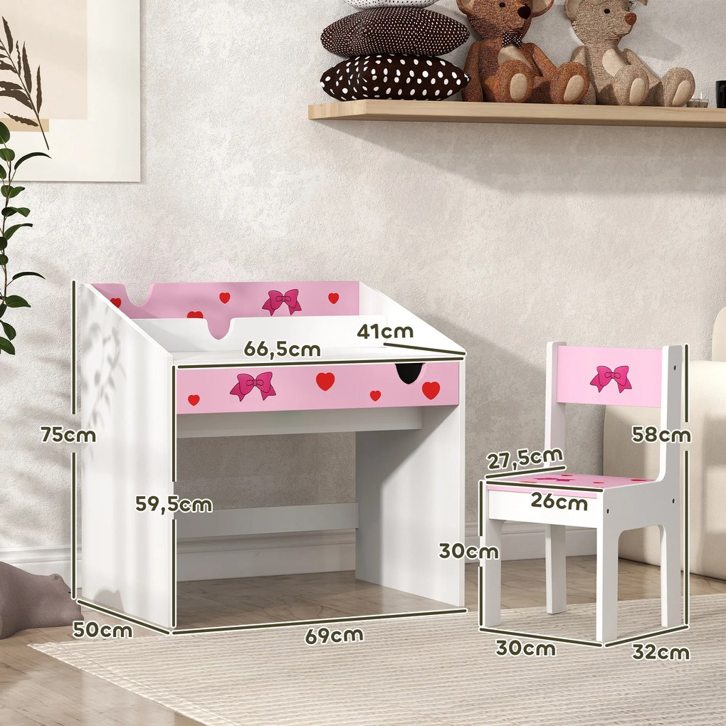 Conjunto de Secretária e Cadeira para Crianças com Gaveta Amovível e Compartimento para Dormitório Sala de Jogos Rosa e Branco