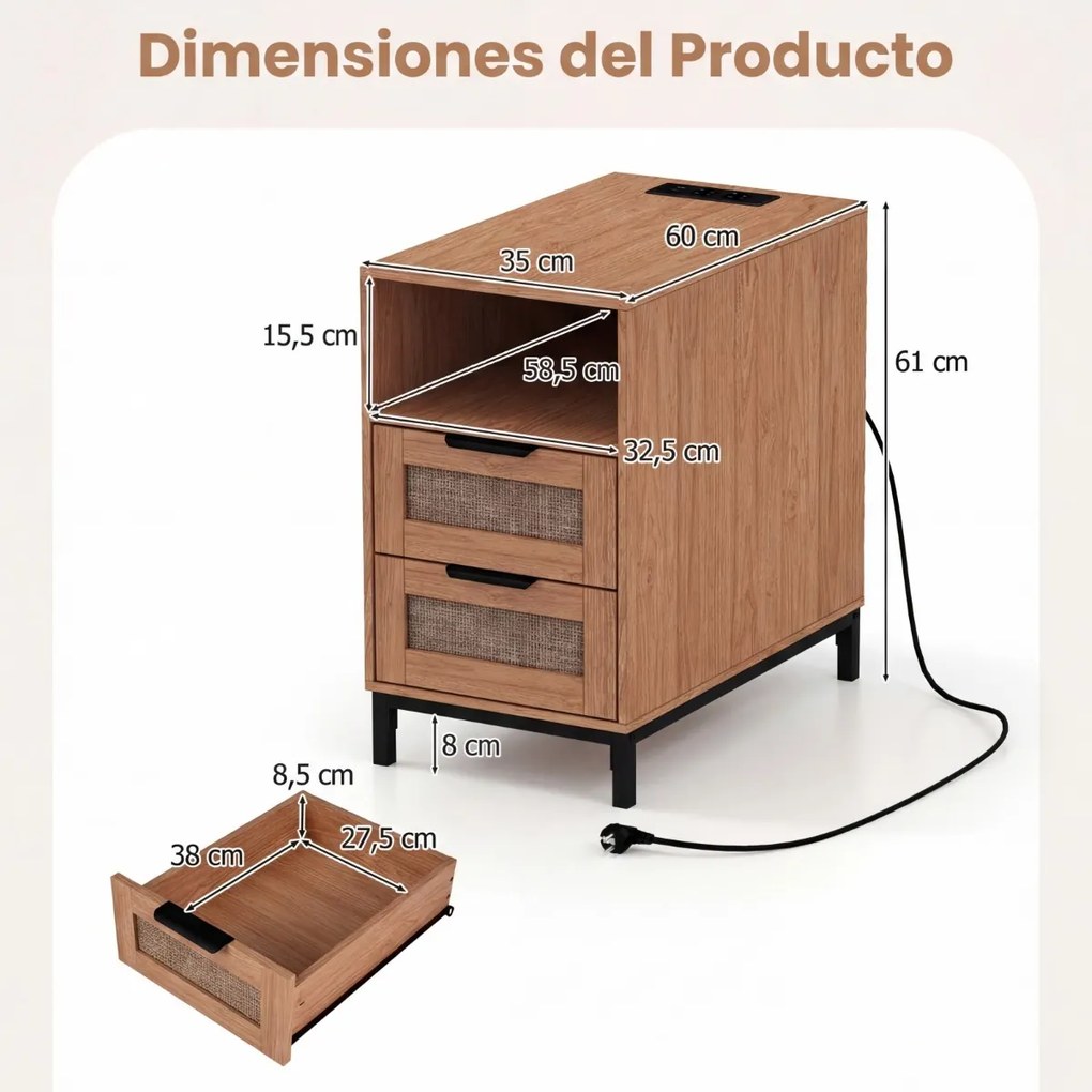 Mesa de cabeceira, Mesa apoio 60 x 35 x 61 cm em rattan com estação de carregamento e 2 gavetas estilo boho Natural e preto