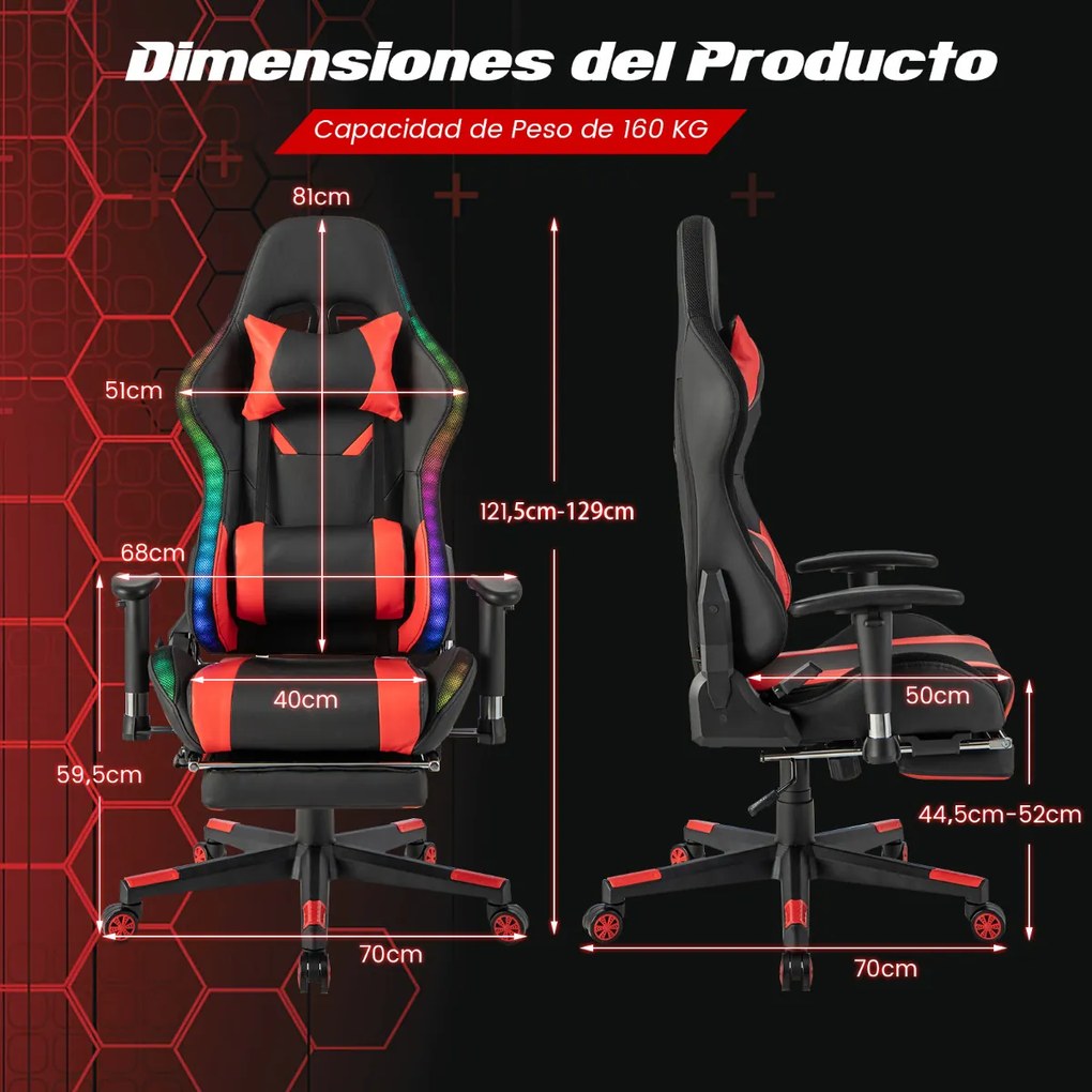 Cadeira Gamer com luzes LED RGB giratória ergonômica com apoio de braço de altura ajustável Suporte de mesa retrátil Vermelha