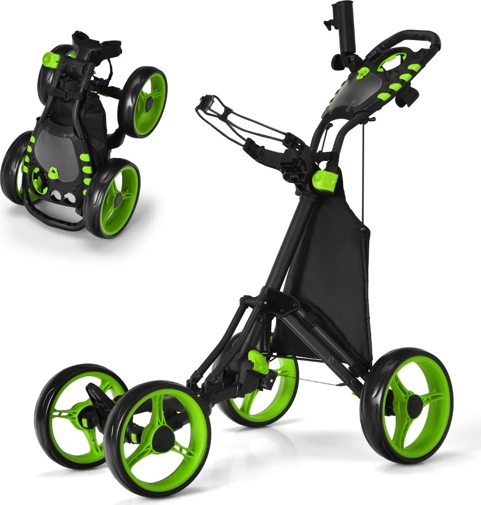Carrinho de golfe dobrável, leve e de 4 rodas, com saco impermeável e travão de pé, suporte ajustável para guarda-chuva e copo - verde