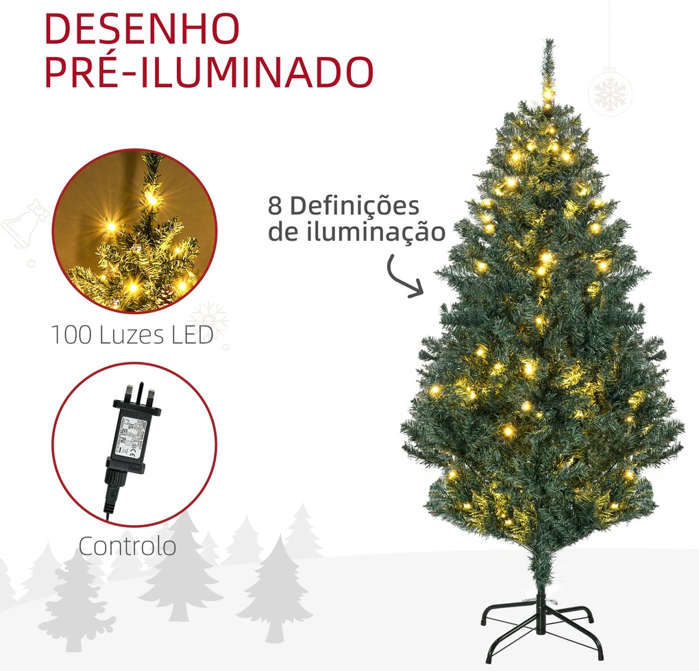 Árvore de Natal Artificial com 100 Luzes LED 472 Ramos e 80 Decorações para Interior Aço Ø91x150 cm Verde