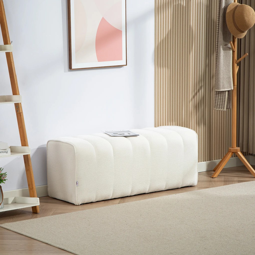 Banco de cabeceira, banco estofado, estilo moderno, otomano em tecido com aspeto de linho, 110 x 40 x 44 cm, creme