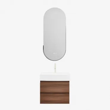 Conjunto De Móvel De Casa De Banho Em Madeira E Chapa De Freixo Com Lavatório Integrado Ona Madeira Escura & Ovalado Led E - Sklum