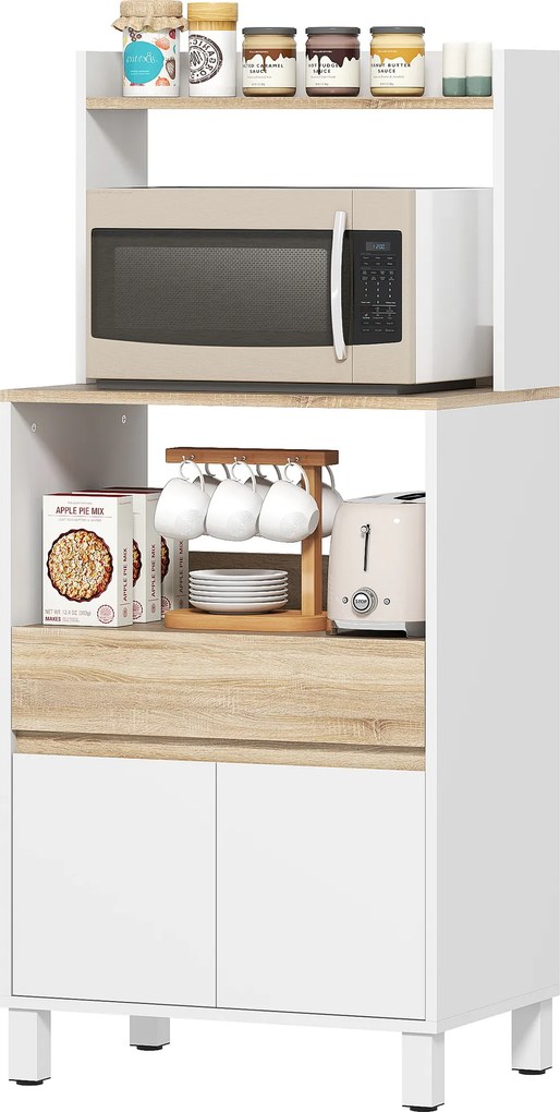 Móvel aparador de cozinha com armário, gaveta e prateleira superior, 60 x 40 x 131 cm, em carvalho e branco