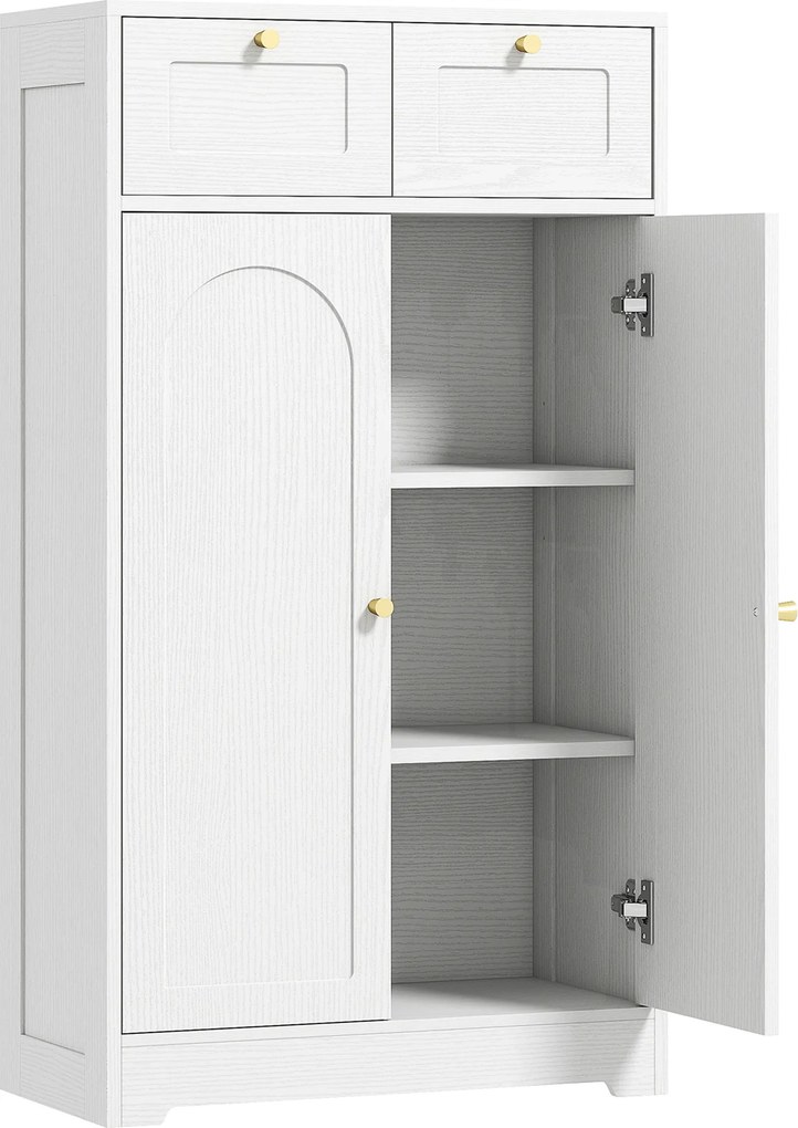 Armário de Casa de Banho Estreito com 2 Gavetas Prateleira Aberta e Porta com Painel Arqueado 60x30x108 cm Branco Texturizado