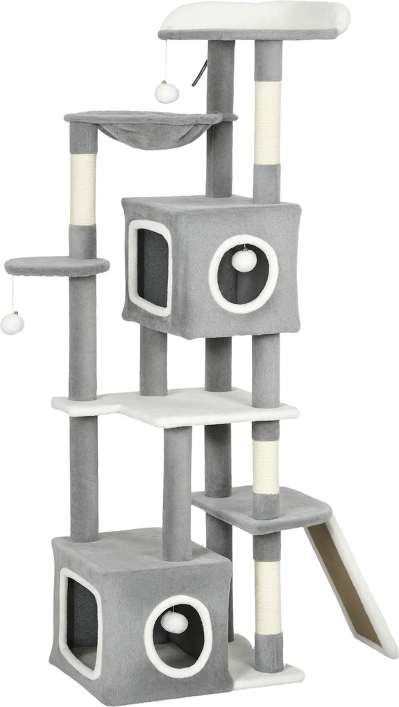 PawHut Arranhador para Gatos Grande 2 Tocas Sisal Hamac 48x40x165 cm Cinza | Aosom Portugal